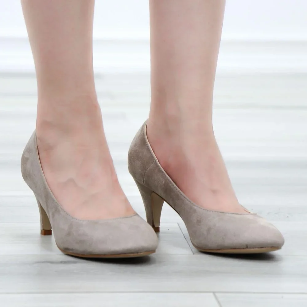 Taupe Suede Round Toe Kitten Low Heel Pumps - Picture 2 of 13